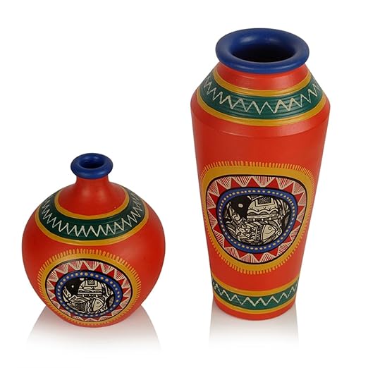 Adore Madhubani Handpainted Terracotta Vases (Set of 2) - Adore & Décor