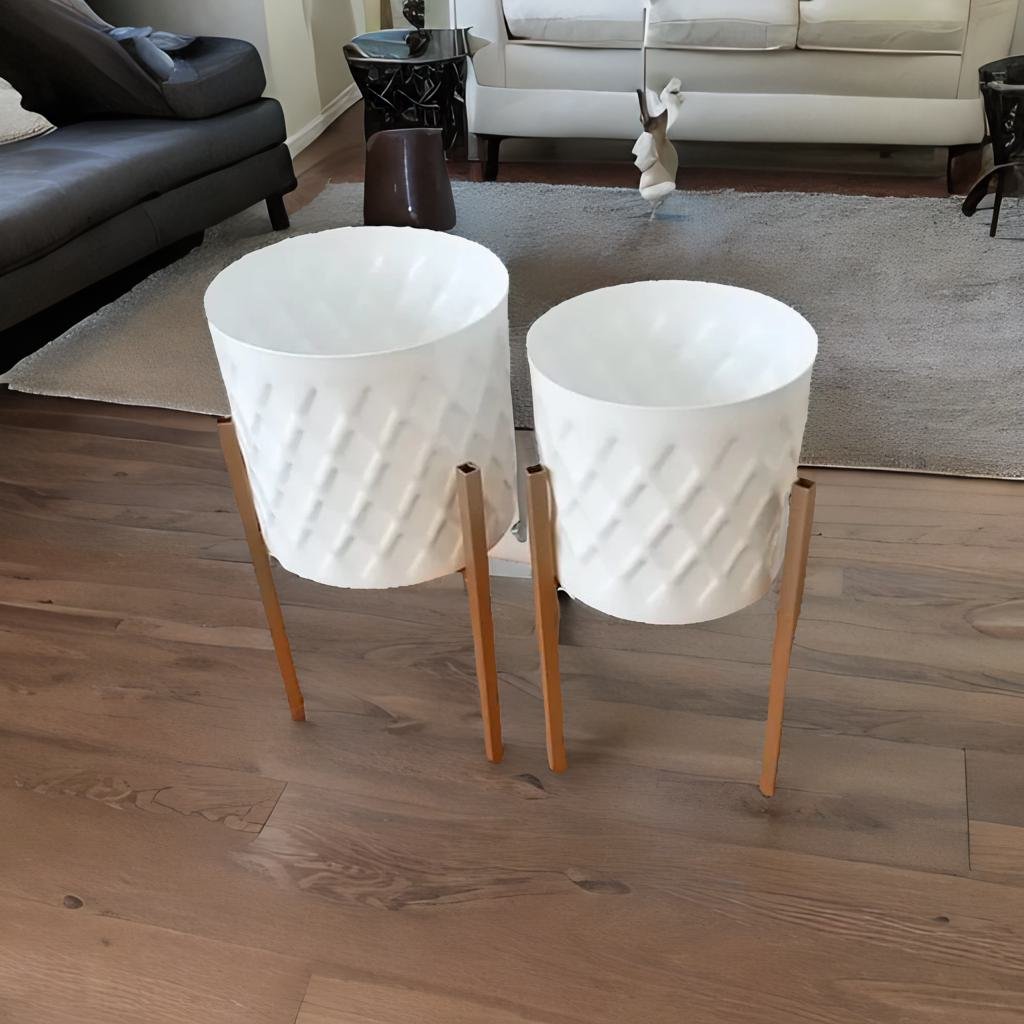 Adore White Metal Round Cachepot Planters and Gold Stand (Set of 2) - Adore & Décor