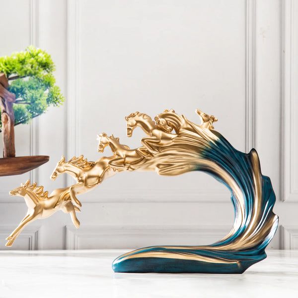 Adore & Décor Running Horses Sculpture Showpiece – Golden Horse Figurine with Teal Wave Base Adore & Décor