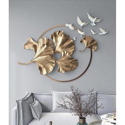 Adore Golden Ginkgo Leaf In Circle Birds Flying Wall Hanging Art