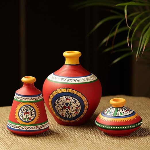 Adore Earthenware Red Matkis Handpainted Terracotta Vases Set of 3