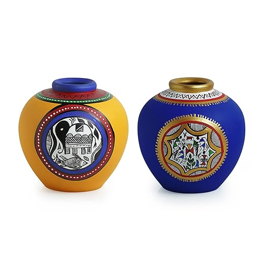 Adore Madhubani & Warli Handpainted Terracotta Flower Vase Flower Vases [set of 2]