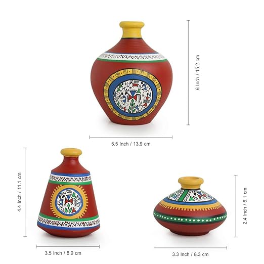 Adore Earthenware Red Matkis Handpainted Terracotta Vases Set of 3