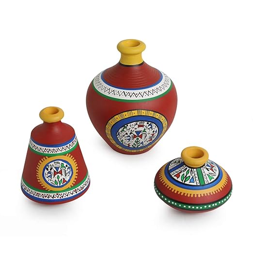 Adore Earthenware Red Matkis Handpainted Terracotta Vases Set of 3