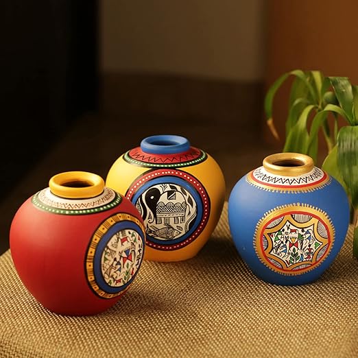 Adore Madhubani & Warli Handpainted Decorative Flower Terracotta Vases (Set of 3, Blue, Yellow & Red)