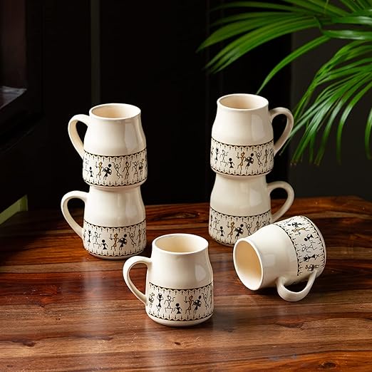 Adore Warli Handcrafted Ceramic Tea Cups [Set of 6]