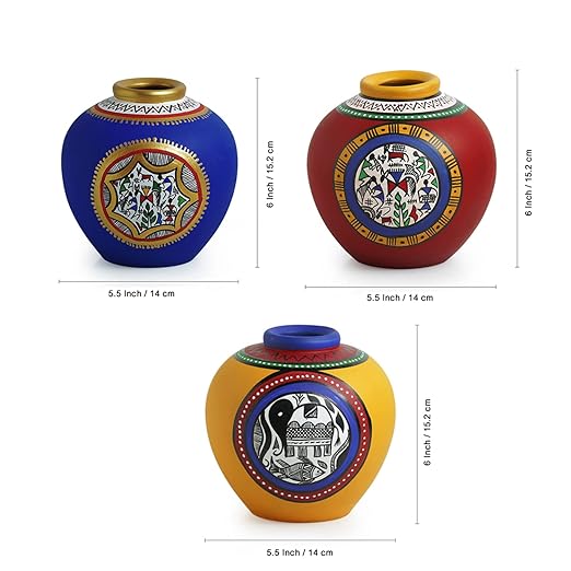 Adore Madhubani & Warli Handpainted Decorative Flower Terracotta Vases (Set of 3, Blue, Yellow & Red)