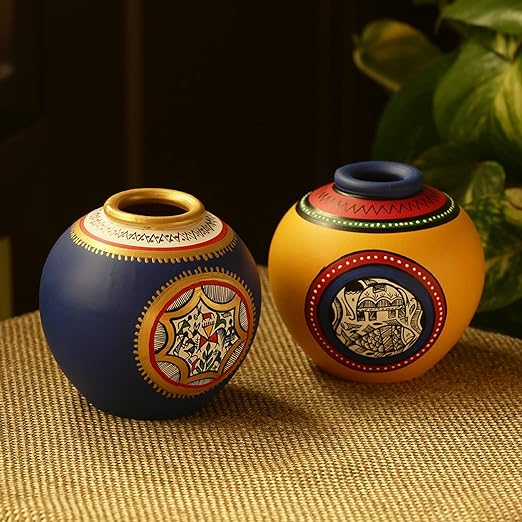 Adore Madhubani & Warli Handpainted Terracotta Flower Vase Flower Vases [set of 2]