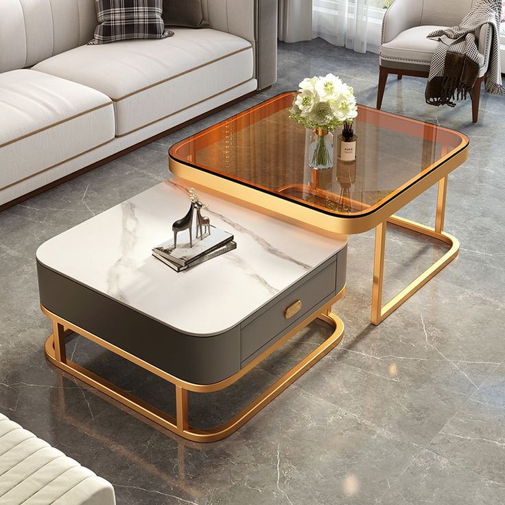 Adore Center Table with Storage Drawer and PVD Metal Frame & toughened GLASS