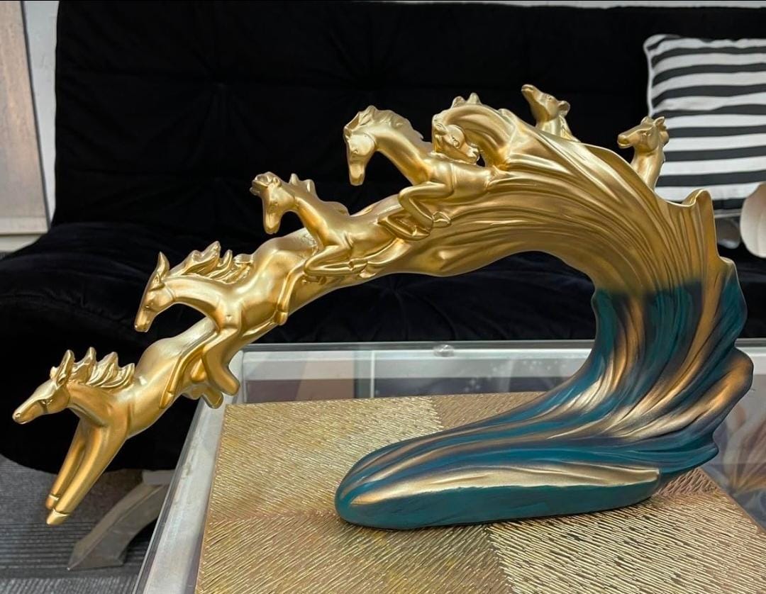 Adore & Décor Running Horses Sculpture Showpiece – Golden Horse Figurine with Teal Wave Base Adore & Décor