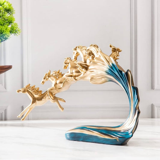 Adore & Décor Running Horses Sculpture Showpiece – Golden Horse Figurine with Teal Wave Base Adore & Décor