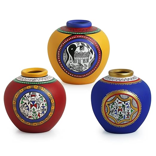 Adore Madhubani & Warli Handpainted Decorative Flower Terracotta Vases (Set of 3, Blue, Yellow & Red) - Adore & Décor