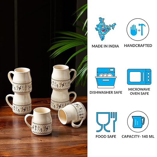 Adore Warli Handcrafted Ceramic Tea Cups [Set of 6] - Adore & Décor