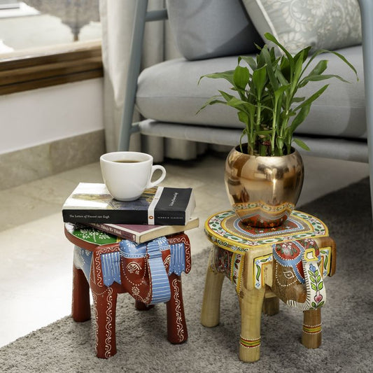 Adore Wooden hand painted elephant stool [SET OF 2] - Adore & Décor