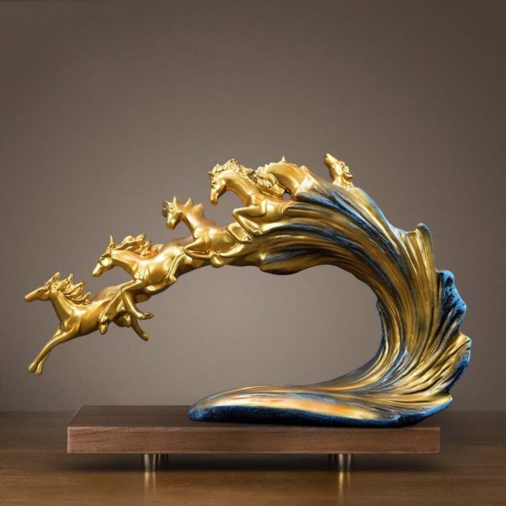 Adore & Décor Running Horses Sculpture Showpiece – Golden Horse Figurine with Teal Wave Base Adore & Décor