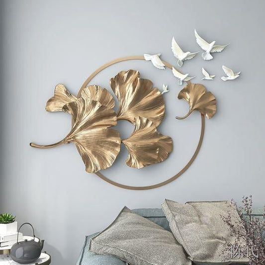 Adore Golden Ginkgo Leaf In Circle Birds Flying Wall Hanging Art