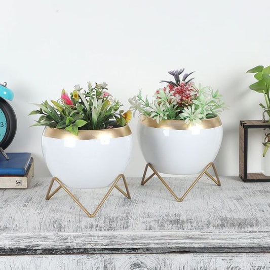 Adore Apple Shape Metal White & Gold Planter (Set of 2) - Adore & Décor