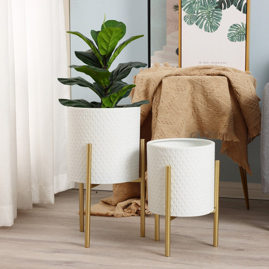 Adore White Metal Round Cachepot Planters and Gold Stand (Set of 2) - Adore & Décor